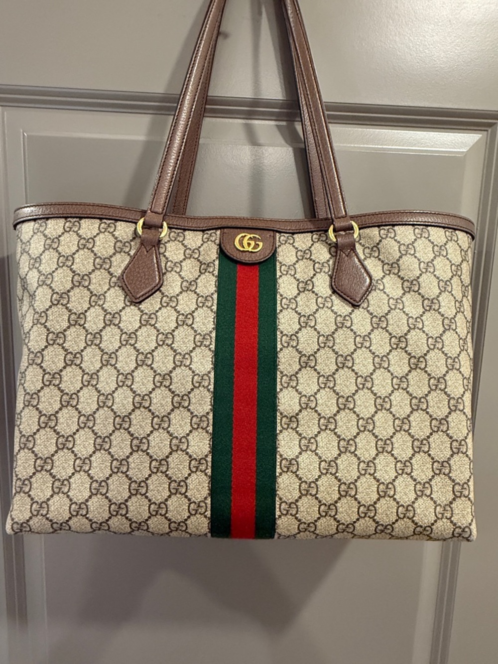 Gucci Beige GG Supreme Canvas Tote with Brown Leather and Green/Red Web Stripe